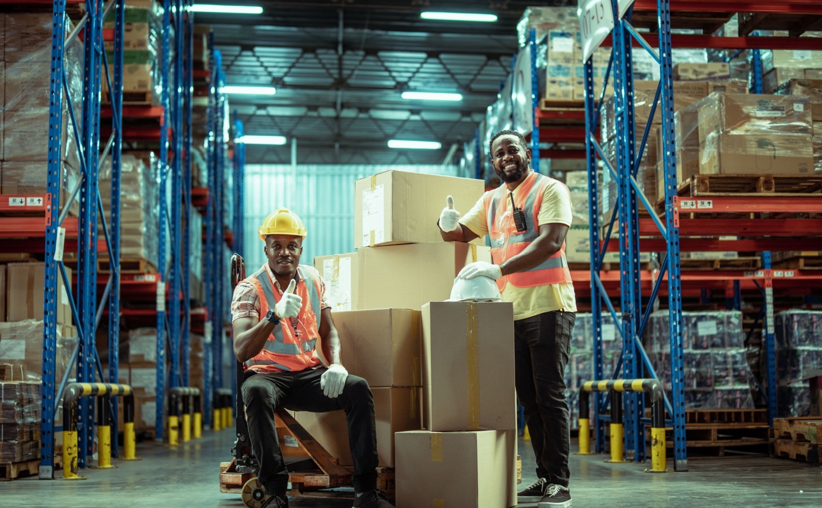Two warehouse workers beside stacked boxes and a pallet truck.