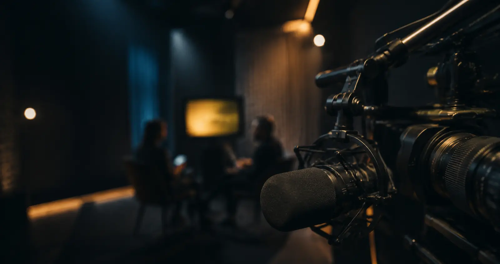 Broadcast microphone and camera filming a business interview in a dark studio