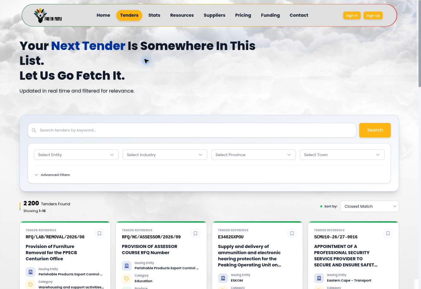 Fund The People Tender Portal showing its search filters and South African tender listings