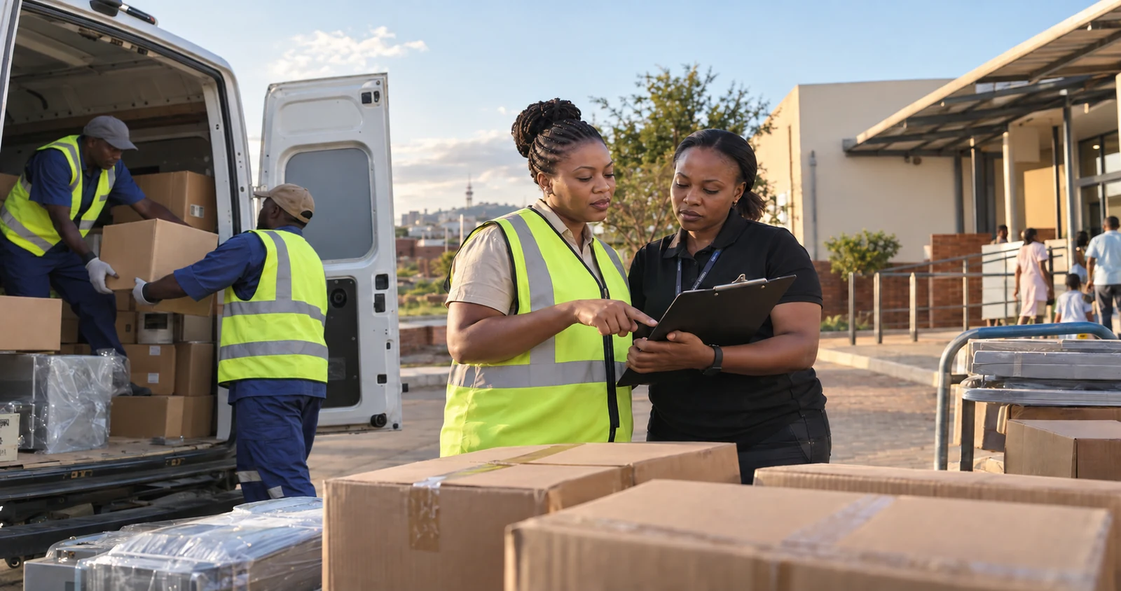 First-time South African tender winner and logistics coordinator checking a delivery beside an open van at a Pretoria municipal site