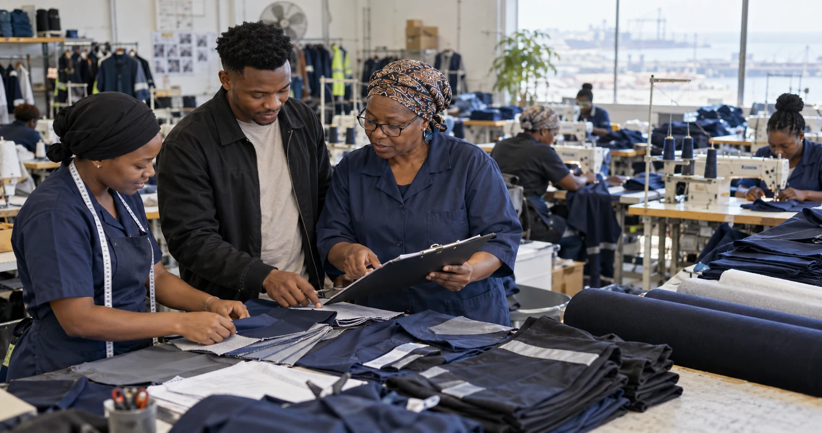 Purchase Order Funding Solutions Without a Track Record in South Africa Young South African uniform-business owner checking fabric and production readiness with experienced supervisors in a Durban textile workshop