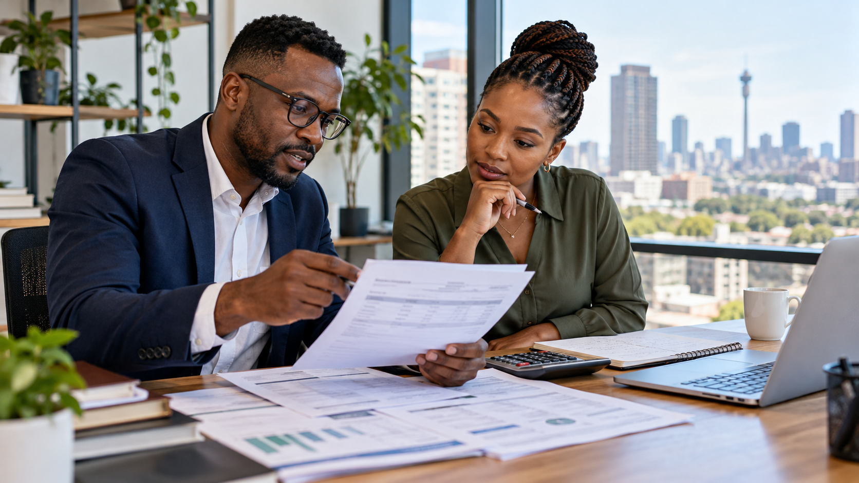 South African SME owner and accountant reconciling invoice partial payments and credit notes