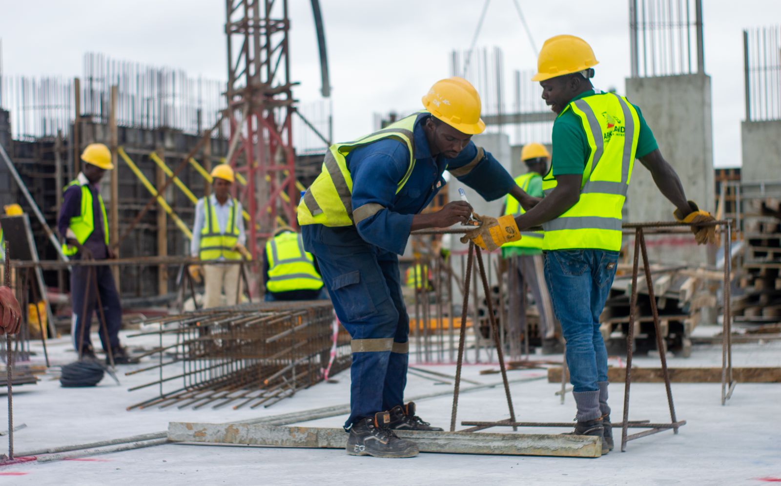 Construction workers at an active building site