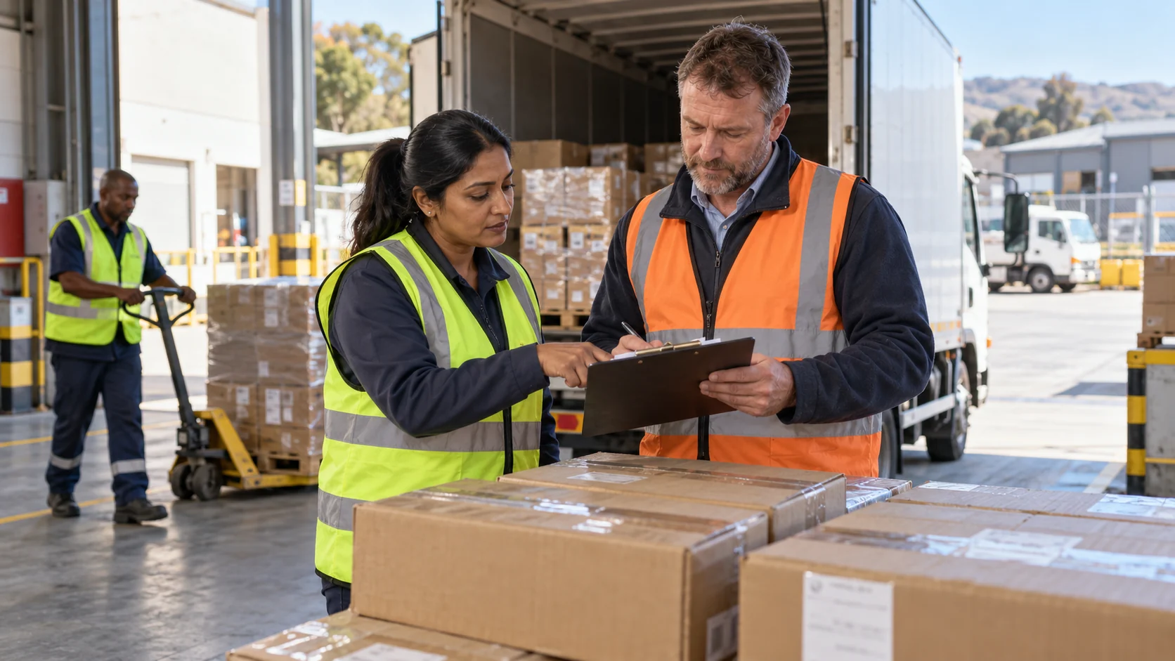 Logistics coordinator and receiving officer checking a delivery handover checklist beside boxed supplies at a depot.